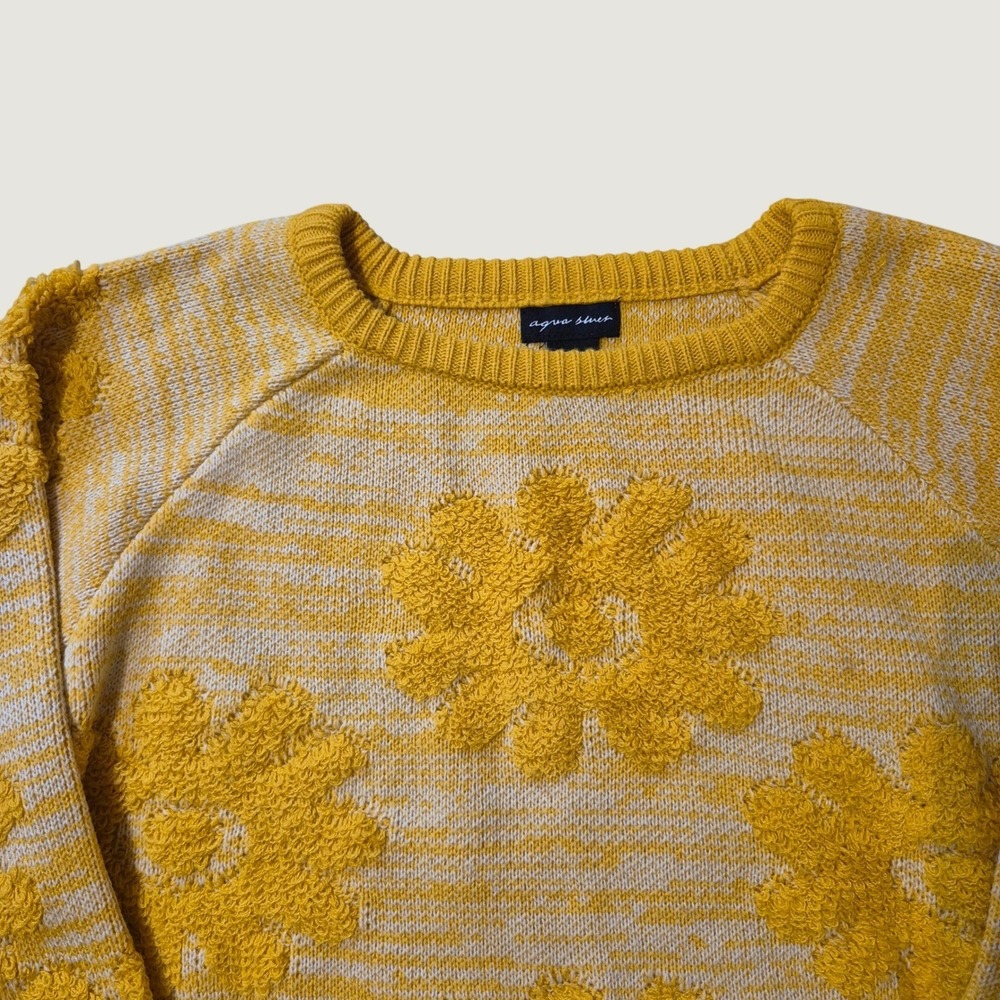 Aqua Blues Yellow Daisy Floral Textured Cozy Cottagecore Knit Sweater Size L
